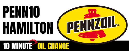 Penn10 Hamilton logo with Pennzoil emblem and text promoting 10 minute oil change.