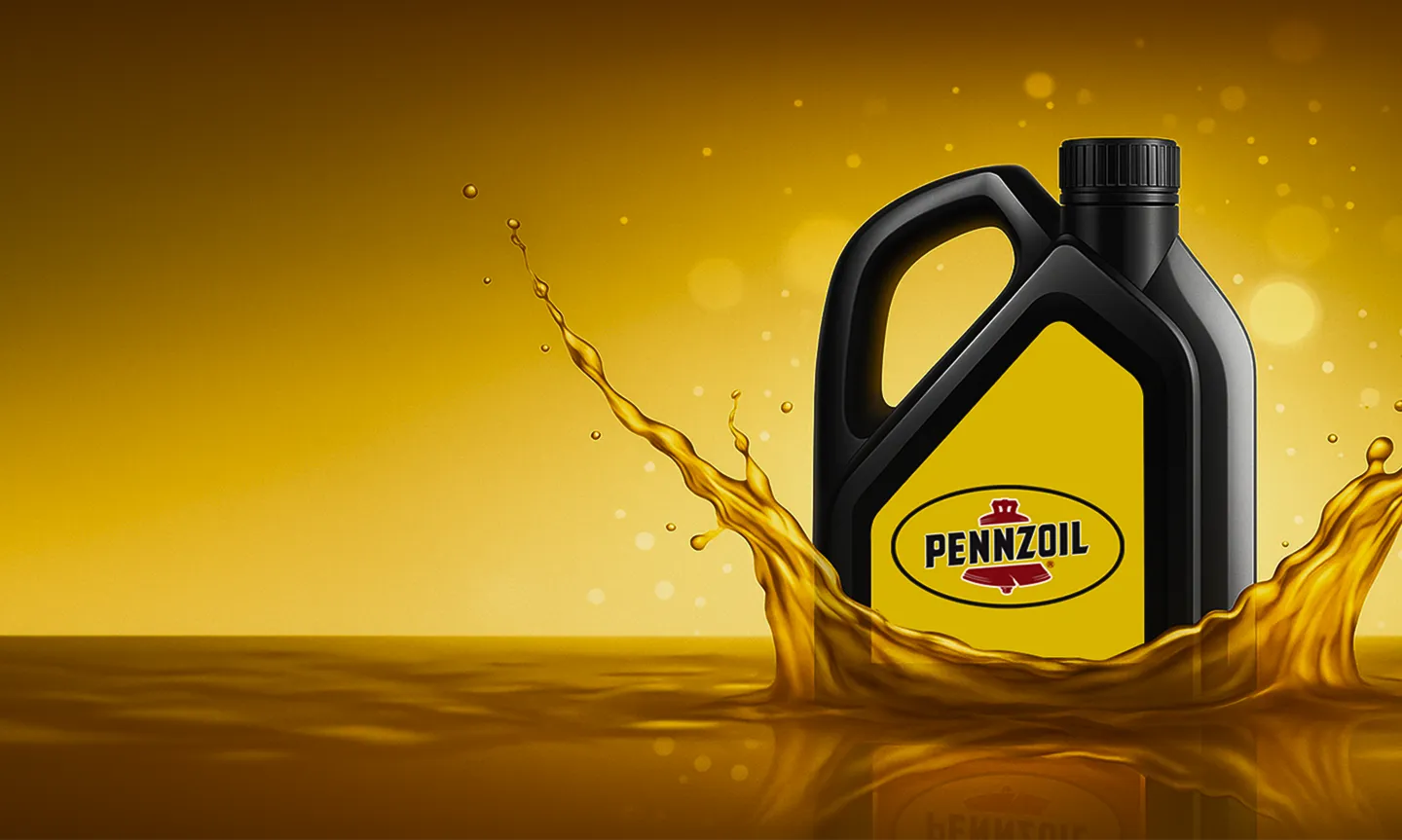Black Pennzoil oil container surrounded by splashing golden oil with a yellow background.